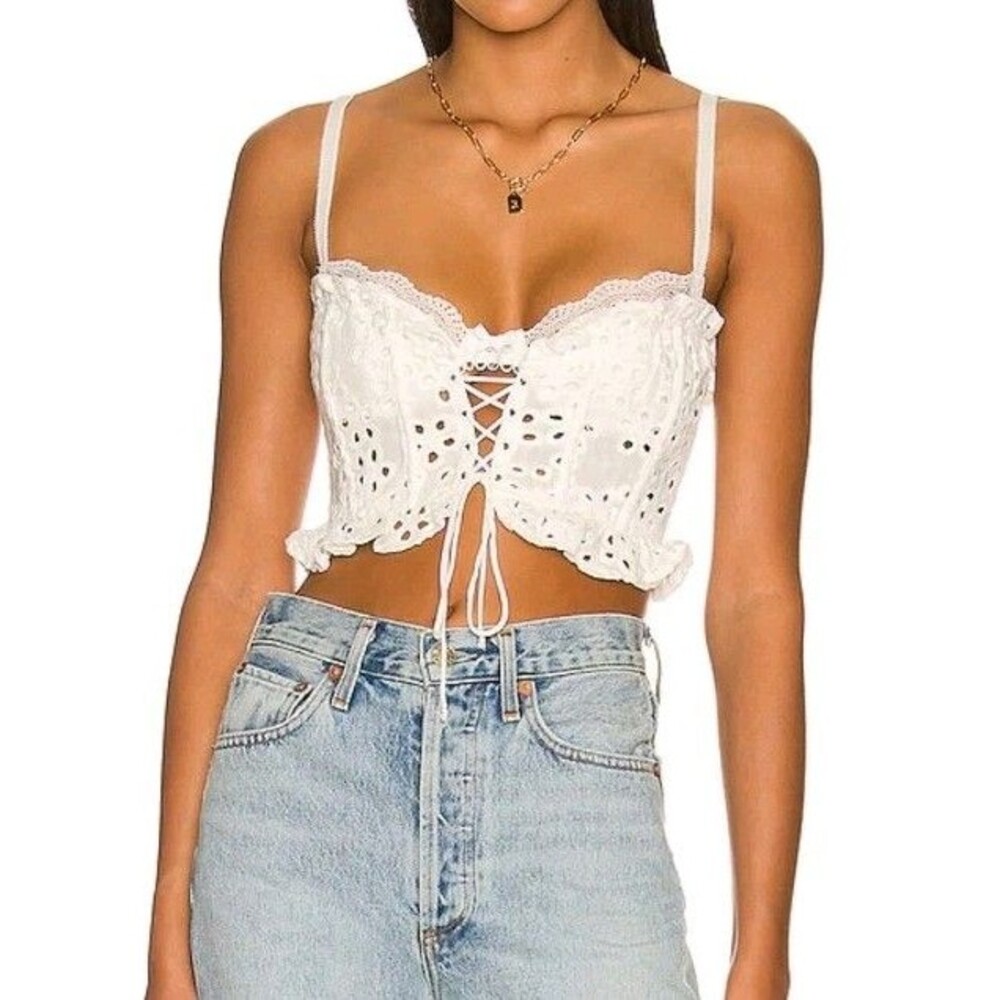 For Love & Lemons XS White Lace Eyelet Ruffle Sadie Crop Tank Top Corset Zip Up